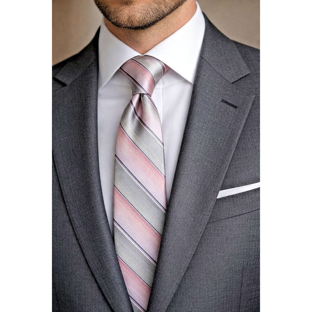 Tie 70s 80s 90s Y2K Mens Merona Silk Pink Gray Stripe 3.75 Wide 58 Long